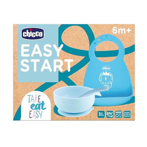 Chicco Siliconen F Babyvoedingsset Antislip, BPA-vrij, 3-delige bijvoedingset bestaande uit Stevige Easy Roll slab, Easy Bowl met zuignap en lepel, 6M+, Blauw