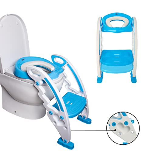 Dragon Draagbare Babytoiletzitting, Kinderbadstoel met Ladder, Opklapbare Toiletzitting met Voetstapje (blauw)