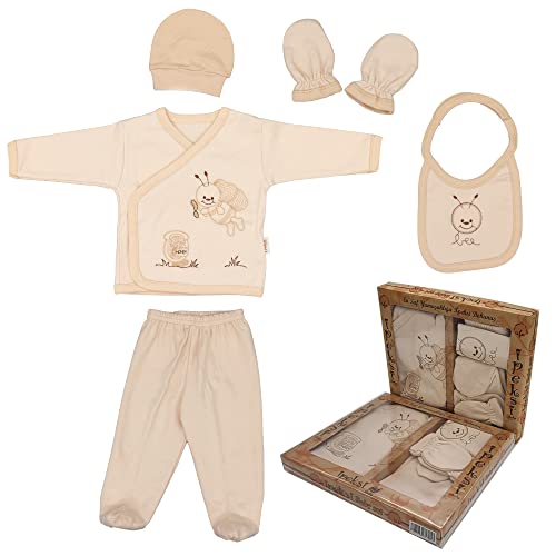 Huanger Ipeksi Babyset voor pasgeborenen, 100% natuurlijk katoen, eerste uitrusting, uniseks, cadeauset, babyuitrusting met 5-delig voor baby's van 0-4 maanden