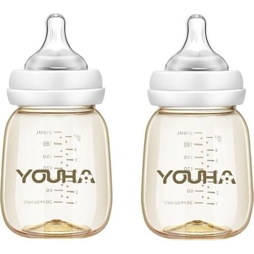 YOUHA baby drinkflessen 2 stuks 2x 210 ML baby drinkflessen babyflessen met spenen inclusief afsluitdoppen modern design BPA vrij