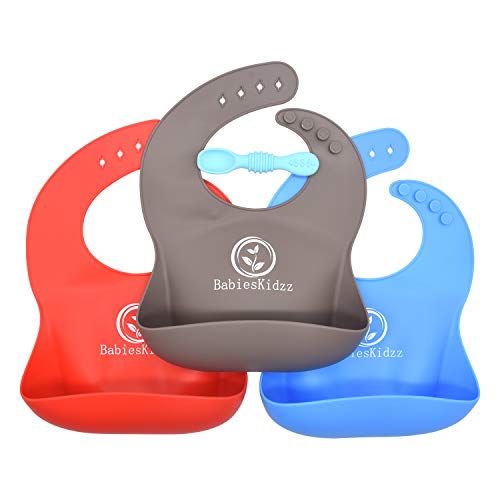 UMIGAL Babyslabbetje super zachte siliconen babyslabbetje voor baby's. Premium babyslabbetje voor je mooie kinderen. Gemakkelijk te reinigen babyslabbetjes in 3 babyslabbetjes & gratis lepel