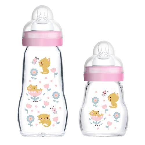MAM Baby glazen flessen 2-pack Feel Good vanaf de geboorte 170 ml & 260 ml, glazen feeding babyfles, roze