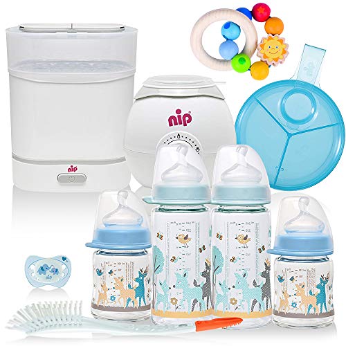 nip ® Boys All-in One Premium Mega Set Starter Set met babyflessen van glas, sterilisator (stoomkoker), flessen- en babywarmer, melkportioneerder, flessen etc, vanaf de geboorte