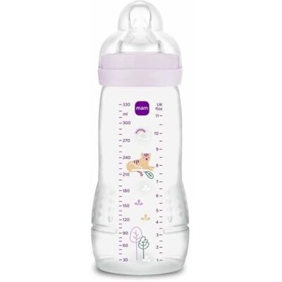 MAM Easy Active babyfles versierd 330 ml lila X-flow speen MAM Easy Active babyfles versierd 330 ml lila X-flow speen