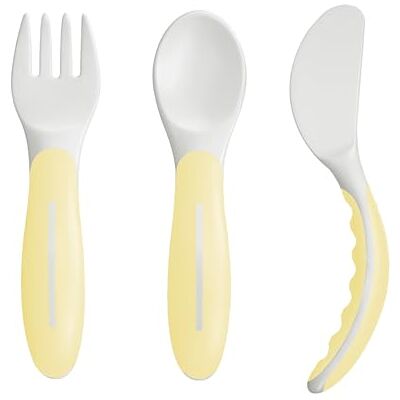 MAM Eetbestek bestaande uit mes, vork en lepel, 3-delige bestekset met antislip handgrepen, veilig babybestek voor links- en rechtshandigen, vanaf 6 maanden, geel MAM Eetbestek bestaande uit mes, vork en lepel, 3-delige bestekset met antislip handgrepen, veilig babybestek voor links- en rechtshandigen, vanaf 6 maanden, geel