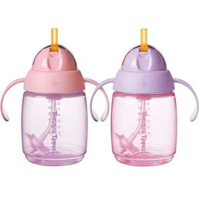 Tommee Tippee Trainer rietjesbeker, 240 ml, Easy Transition peuterbeker voor 6 maanden +, met siliconen verzwaard rietje en gemakkelijk vast te houden handgrepen, roze en paars, 2 stuks Tommee Tippee Trainer rietjesbeker, 240 ml, Easy Transition peuterbeker voor 6 maanden +, met siliconen verzwaard rietje en gemakkelijk vast te houden handgrepen, roze en paars, 2 stuks
