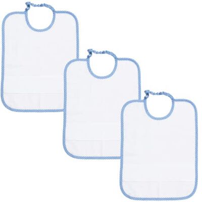 FILET Set van 3 slabbetjes voor de kleuterschool met elastiek van witte spons met Aida om te borduren, geruite rand van gekleurd garen lichtblauw FILET Set van 3 slabbetjes voor de kleuterschool met elastiek van witte spons met Aida om te borduren, geruite rand van gekleurd garen lichtblauw