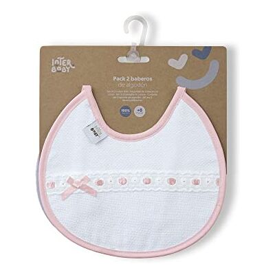 Interbaby 2 ronde slabbetjes met pasacints en geborduurde strepen in roze en grijs Interbaby 2 ronde slabbetjes met pasacints en geborduurde strepen in roze en grijs