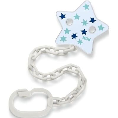 NUK Fopspeenketting met clip, voor fopspenen met ring, stabiel en onbreekbaar, blauwe sterren NUK Fopspeenketting met clip, voor fopspenen met ring, stabiel en onbreekbaar, blauwe sterren