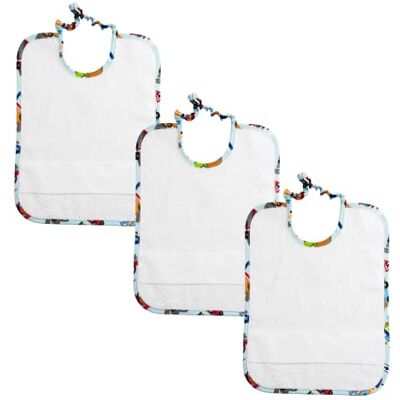 FILET Set van 3 slabbetjes voor de kleuterschool met elastiek van witte spons met Aida borduurwerk, rand met patroon FILET Set van 3 slabbetjes voor de kleuterschool met elastiek van witte spons met Aida borduurwerk, rand met patroon