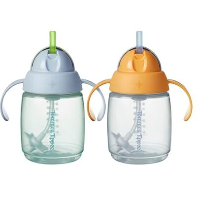 Tommee Tippee Trainer rietjesbeker, 240 ml, Easy Transition peuterbeker voor 6 maanden +, met siliconen verzwaard rietje en gemakkelijk vast te houden handgrepen, blauw en oranje, 2 stuks Tommee Tippee Trainer rietjesbeker, 240 ml, Easy Transition peuterbeker voor 6 maanden +, met siliconen verzwaard rietje en gemakkelijk vast te houden handgrepen, blauw en oranje, 2 stuks