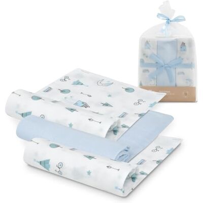 Interbaby · Set van 3 blauwe bamboe gaasjes MOON voor pasgeborenen en baby's, 55 x 70 cm, bamboe en katoen Interbaby · Set van 3 blauwe bamboe gaasjes MOON voor pasgeborenen en baby's, 55 x 70 cm, bamboe en katoen