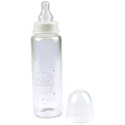 Bébé Douceur Babyfles, smalle hals, glas + speen met variabele doorstroming, siliconen, 240 ml, hemelsblauw Bébé Douceur Babyfles, smalle hals, glas + speen met variabele doorstroming, siliconen, 240 ml, hemelsblauw