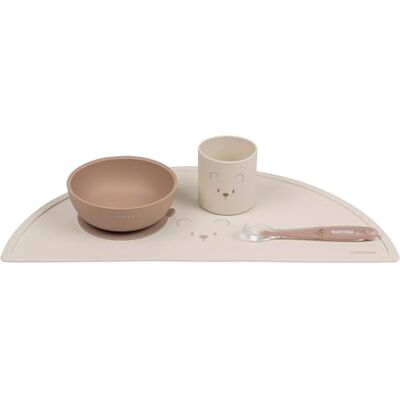 Nattou Siliconen servies voor kinderen, 4 stuks, 1 lepel, 1 kom met deksel, 1 beker, 1 placemat, BPA-vrij, siliconen, natuurlijk Nattou Siliconen servies voor kinderen, 4 stuks, 1 lepel, 1 kom met deksel, 1 beker, 1 placemat, BPA-vrij, siliconen, natuurlijk