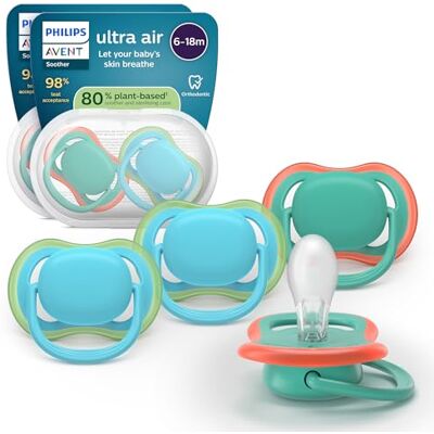 AVENT Philips Ultra Air-fopspenen orthodontisch design, voor baby's van 6-18 maanden, zachte symmetrische siliconen speen, BPA-vrij, 2 sterilisatiedoosjes, set van 4, SCF087/24 AVENT Philips Ultra Air-fopspenen orthodontisch design, voor baby's van 6-18 maanden, zachte symmetrische siliconen speen, BPA-vrij, 2 sterilisatiedoosjes, set van 4, SCF087/24