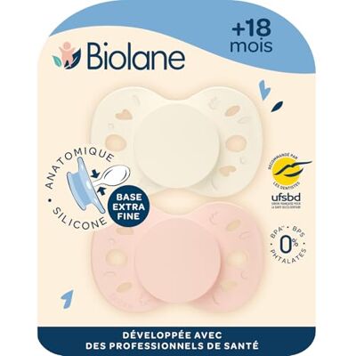 Biolane Anatomische speen Extra dunne fopspenen 18+ maanden Roze en beige Platte en omkeerbare speen Optimaal comfort Respect voor de mondontwikkeling Veilige en duurzame materialen Biolane Anatomische speen Extra dunne fopspenen 18+ maanden Roze en beige Platte en omkeerbare speen Optimaal comfort Respect voor de mondontwikkeling Veilige en duurzame materialen