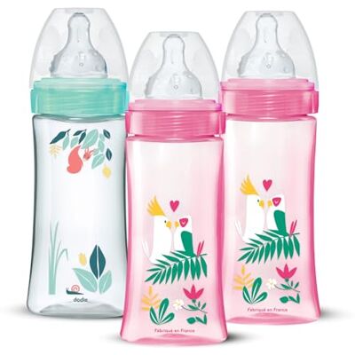 Dodie Set van 3 ronde zuigflessen tegen koliek 330 ml + 6 maanden 3 snelheden debiet 3 roze en groen Dodie Set van 3 ronde zuigflessen tegen koliek 330 ml + 6 maanden 3 snelheden debiet 3 roze en groen