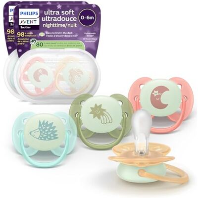 AVENT Philips Ultra Soft Nighttime-fopspenen – Orthodontisch ontwerp, 0–6 Maanden, Glow-in-the-dark, Flexibel Schild, Symmetrische, Siliconen Speen, BPA-vrij, Steriliseerbakjes, Set van 4, SCF094/07 AVENT Philips Ultra Soft Nighttime-fopspenen – Orthodontisch ontwerp, 0–6 Maanden, Glow-in-the-dark, Flexibel Schild, Symmetrische, Siliconen Speen, BPA-vrij, Steriliseerbakjes, Set van 4, SCF094/07