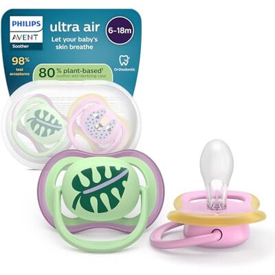 AVENT Philips Ultra Air-fopspenen orthodontisch design, voor baby's van 6-18 maanden, zachte symmetrische siliconen speen, BPA-vrij, met sterilisatiedoosje, set van 2, SCF087/13 AVENT Philips Ultra Air-fopspenen orthodontisch design, voor baby's van 6-18 maanden, zachte symmetrische siliconen speen, BPA-vrij, met sterilisatiedoosje, set van 2, SCF087/13