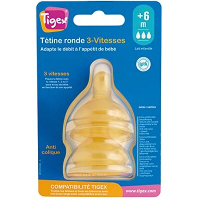 NUK Tigex Ronde babyfleszuiger van latex, 3 snelheden, anti-koliek, 6 + m, 2 stuks NUK Tigex Ronde babyfleszuiger van latex, 3 snelheden, anti-koliek, 6 + m, 2 stuks