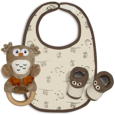 Interbaby Cadeauset voor pasgeborenen, model uil, ca. 0 tot 6 maanden, 3-delige set bestaande uit rammelaar, slabbetje en peucos Interbaby Cadeauset voor pasgeborenen, model uil, ca. 0 tot 6 maanden, 3-delige set bestaande uit rammelaar, slabbetje en peucos