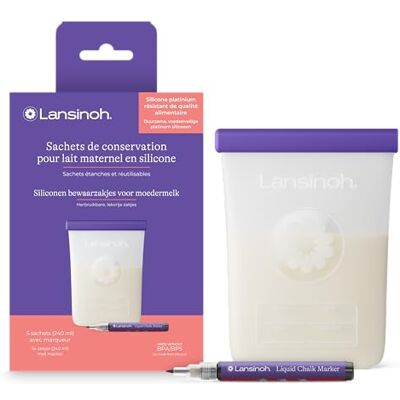 Lansinoh Siliconen moedermelkzak 240 ml, 5 stuks Opslag van moedermelk, herbruikbaar, lekvrij, voor koelkast of vriezer, incl. krijtmarker Lansinoh Siliconen moedermelkzak 240 ml, 5 stuks Opslag van moedermelk, herbruikbaar, lekvrij, voor koelkast of vriezer, incl. krijtmarker