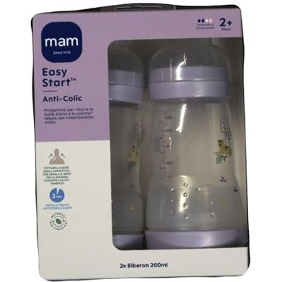 MAM Easy Start Anti-koliek flesjes, set van 2 babyflessen voor baby's van 2-4 maanden, 260 ml met speen Fluss 2 voor 2+ maanden, van SkinSoft siliconen, bio-rond, paars MAM Easy Start Anti-koliek flesjes, set van 2 babyflessen voor baby's van 2-4 maanden, 260 ml met speen Fluss 2 voor 2+ maanden, van SkinSoft siliconen, bio-rond, paars