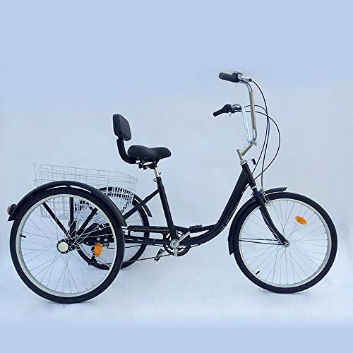 DIFU Driewieler voor volwassenen, 24 inch driewieler voor volwassenen, boodschappen-driewieler, senioren, seniorenfiets, volwassenen-fiets + mand (wit/zwart) (zwart)