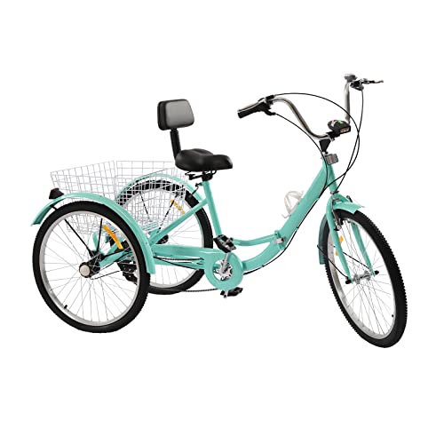 HANGKAI Driewieler voor volwassenen, 24 inch, fiets met mand, 3 wielen, voor volwassenen, driewieler, groen