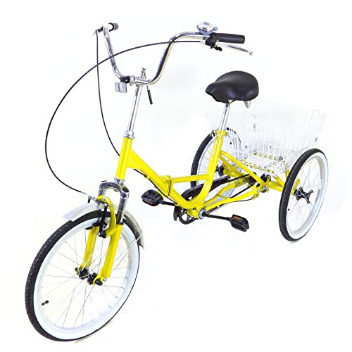 CUMELLIIR Driewieler voor volwassenen, 20 inch, driewieler voor volwassenen, 20 inch, driewieler voor senioren, outdoor, met boodschappenmand, 3-wieler, driewieler, tricycle fiets, geel