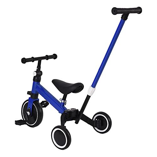 THINFAR 3-in-1 driewieler kinderfiets, driewieler, met putters, vergroot lichaam, opvouwbare driewieler voor kinderen, driewieler voor baby's, 1-4 jaar, fiets (blauw, met duwstang)