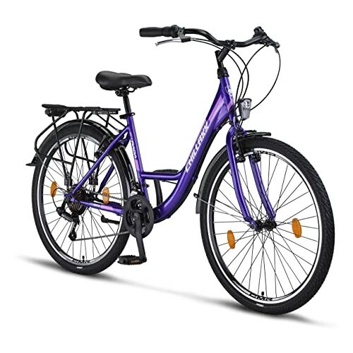 Chillaxx Bike Strada, hoogwaardige stadsfiets in 26 en 28 inch: een fiets voor meisjes, jongens, dames en heren, met 21 versnellingen, Nederlandse fiets, stadsfiets (26 inch, paars, V-rem)