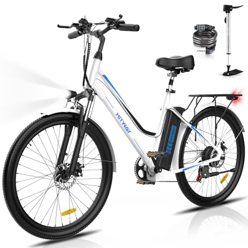 HITWAY 26 inch e-bike, elektrische fiets voor dames en heren, pedelec stadsfiets, cruise stadsfiets, met mand 250 W motor, Li-batterij 36 V/12 Ah e-bike, 7 versnellingen, tot 35-90 km