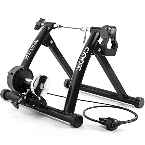 CXWXC Roltrainer voor fiets, inklapbaar, stalen fietstrainer met snelspanner, voorwielonderlegger, wieltrainer voor 26-29 inch fietstraining, fietsen, thuis, binnen (26-29, zwart)