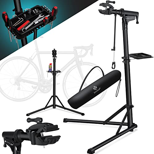 KESSER ® Fietsmontagestandaard, professionele reparatiestandaard, aluminium, voor fietsen, mountainbikes, e-bike, zware montagestandaard, fietsstandaard + tas met snelontgrendelingsvoorzieningen, 360 graden draaibaar, zwart