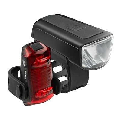 AXA Fietsverlichtingsset Dwn 30 Lux – USB oplaadbaar – 11 uur brandduur – batterijindicator – StVZO goedgekeurd AXA Fietsverlichtingsset Dwn 30 Lux – USB oplaadbaar – 11 uur brandduur – batterijindicator – StVZO goedgekeurd