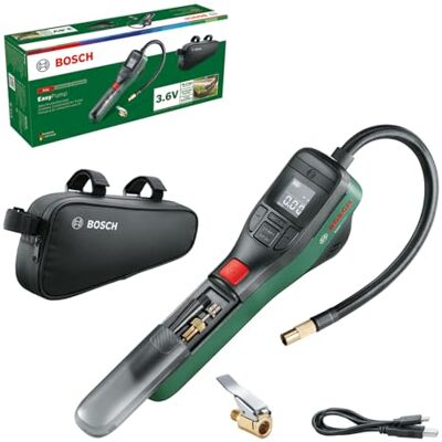 Bosch Elektrische fietspomp/luchtpomp/minicompressor EasyPump (3,0 Ah accu, 3,6 V; automatische stopfunctie; 150 psi; 10,3 bar; led; USB-C-kabel; 3 adapters; Snelkoppelingsstekker; Fietstas) Bosch Elektrische fietspomp/luchtpomp/minicompressor EasyPump (3,0 Ah accu, 3,6 V; automatische stopfunctie; 150 psi; 10,3 bar; led; USB-C-kabel; 3 adapters; Snelkoppelingsstekker; Fietstas)