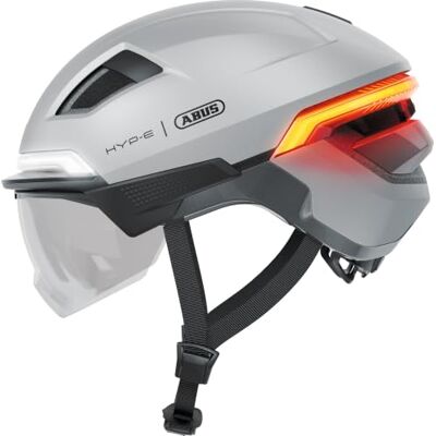 ABUS HYP-E B.LACE fietshelm met voor-, achter- en knipperlicht alsmede draadloze remlichtactivering met vizier en oorbeschermers voor fiets, e-bike en S-pedelec maat S, zilver ABUS HYP-E B.LACE fietshelm met voor-, achter- en knipperlicht alsmede draadloze remlichtactivering met vizier en oorbeschermers voor fiets, e-bike en S-pedelec maat S, zilver