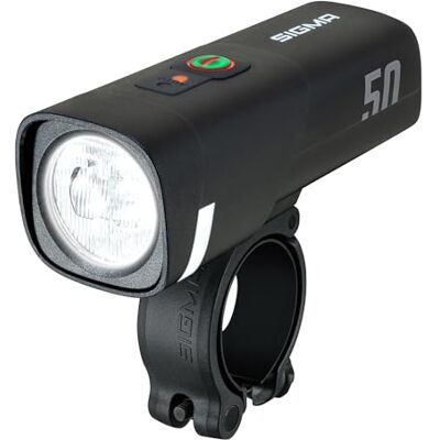 Sigma AURA 50 LED-fietslamp met 50 LUX en USB-C Voorlicht met 2 lichtstanden en automatische lichtregeling Lange accuduur Sigma AURA 50 LED-fietslamp met 50 LUX en USB-C Voorlicht met 2 lichtstanden en automatische lichtregeling Lange accuduur