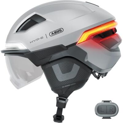 ABUS HYP-E ACE fietshelm met voorlicht, achterlicht en knipperlicht met vizier en oorbeschermers ook geschikt voor e-bikes en S-pedelecs voor dames en heren maat M, zilver ABUS HYP-E ACE fietshelm met voorlicht, achterlicht en knipperlicht met vizier en oorbeschermers ook geschikt voor e-bikes en S-pedelecs voor dames en heren maat M, zilver