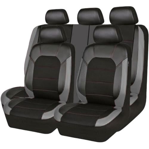 ZanLIn Leren autostoelhoezen voor Kia Rio (2000-2002), volledige sets voorstoelhoezen, ademende stoelhoezen, kussens, airbag compatibel,E-Black/Grey