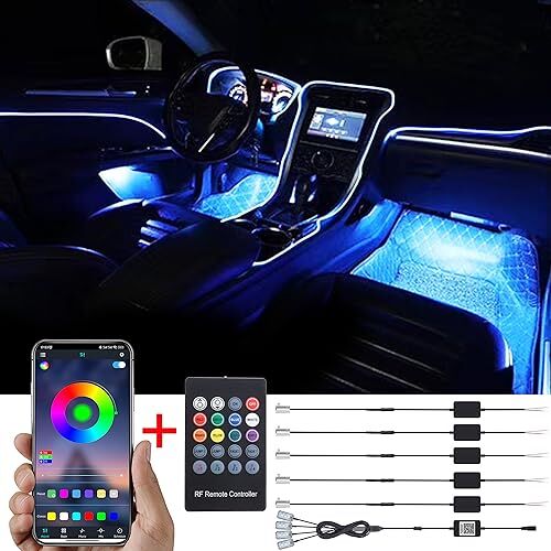 TABEN Auto-interieur Omgevingslicht 64 kleuren APP-bediening + RGB-afstandsbediening + Footlight Auto-decoratie Sfeerverlichting Kit Waterdicht Optische vezel Sfeer Neon Strip Koud licht 1W DC 12V-24V 6m