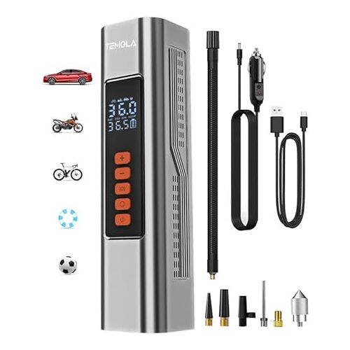 TEMOLA Draagbare luchtcompressor, 150 PSI autobandenpomp met digitale manometer, draadloze autobandenpomp voor autobanden, 12 V, autopomp voor auto, fiets en motorfiets