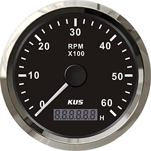 KUS Tachometer met tijdteller, 6000 omw/min, 85 mm, 12 V/24 V, met achtergrondverlichting (zwart)  toerenteller met tijdteller, 6000 omw/min, 85 mm, 12 V/24 V, met achtergrondverlichting (zwart)