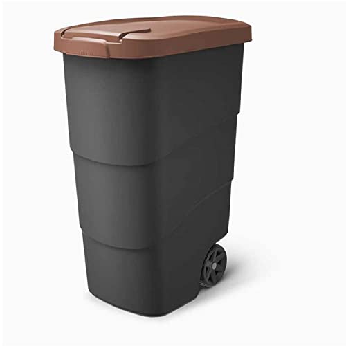 Prosperplast Wheeler Afvalcontainer met wielen en deksel, 90 liter, vuilniscontainer, grote afvalcontainer, universele ton, kunststof (bruin)