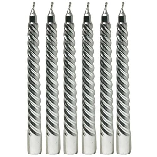 Cheerful Bargains Set x 6 Taper Zilveren Kaarsen 4,5 Hr Metallic Spiraal Diner Wax Kerstkaars