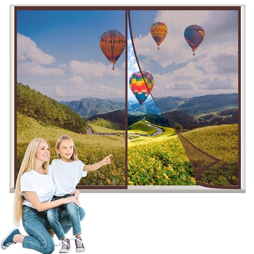 LuCkyNa Magnetische vliegenhordeuren 105x140cm Bruin met magnetische stroken blok muggen vliegen en insecten Enter voor Deuren Raam Balkon