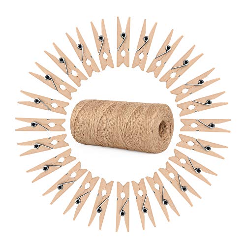 ewtshop ® 100 x mini houten knijpers + 100 meter jute koord, wasknijpers, mini-houten klemmen, decoratieve klemmen, sierklemmen, afmetingen: ca. 3,5 cm