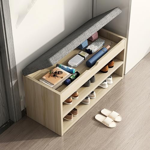 ALOEU Entrance shoe rack with cushion, double-layer entrance shoe bench with storage space, vertical flip shoe rack for bedroom, small space storage shoe rack, suitable for entrance, living room, etc. (Col