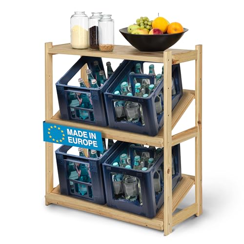 RELLINGER ® Drankrattenrek voor 4 kratten, geschikt voor alle soorten kratten, incl. extra plank, drankrek van FSC-gecertificeerd hout, stabiel en veilig krattenrek (met legplank)